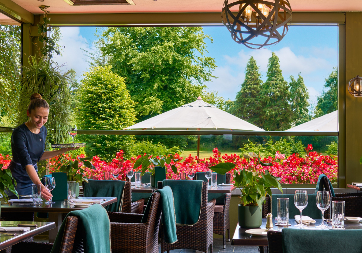 Charming Terrace Dining Area and a server offering attentive service