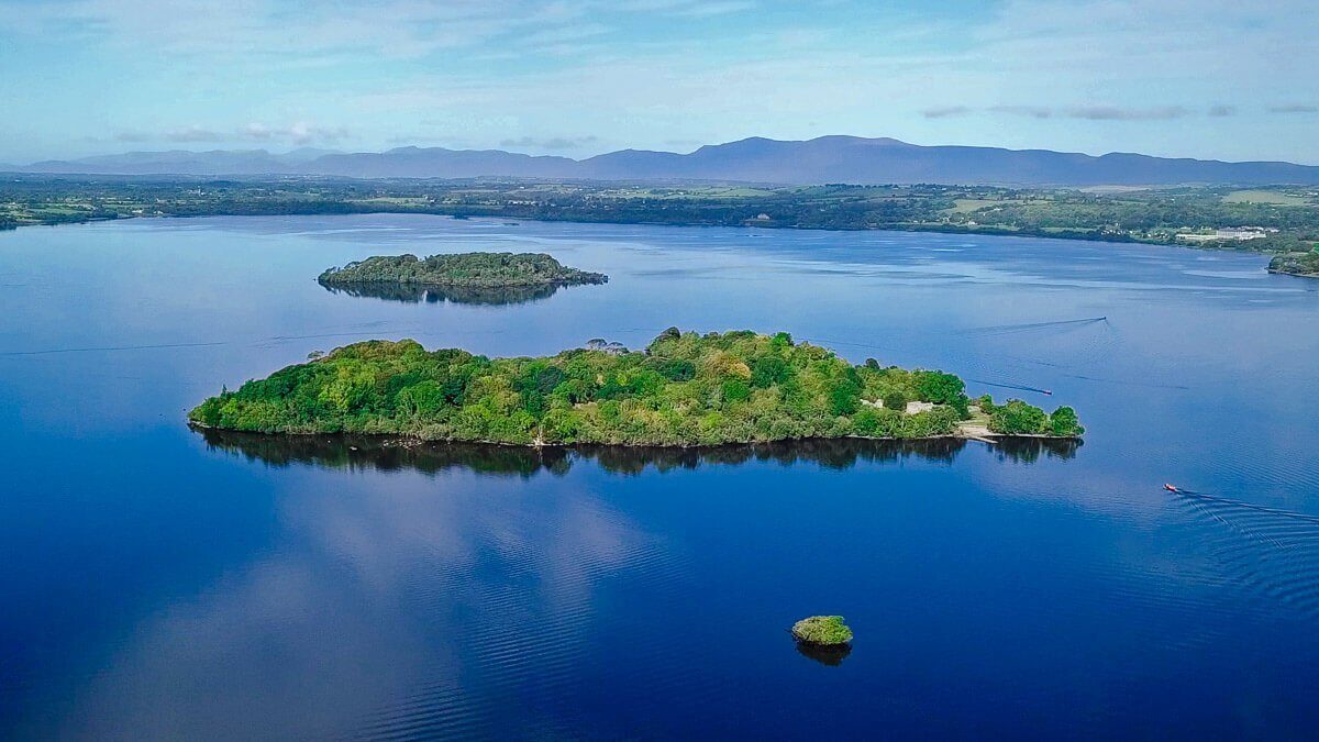 Drone shot of Innisfallen Island, Ireland.