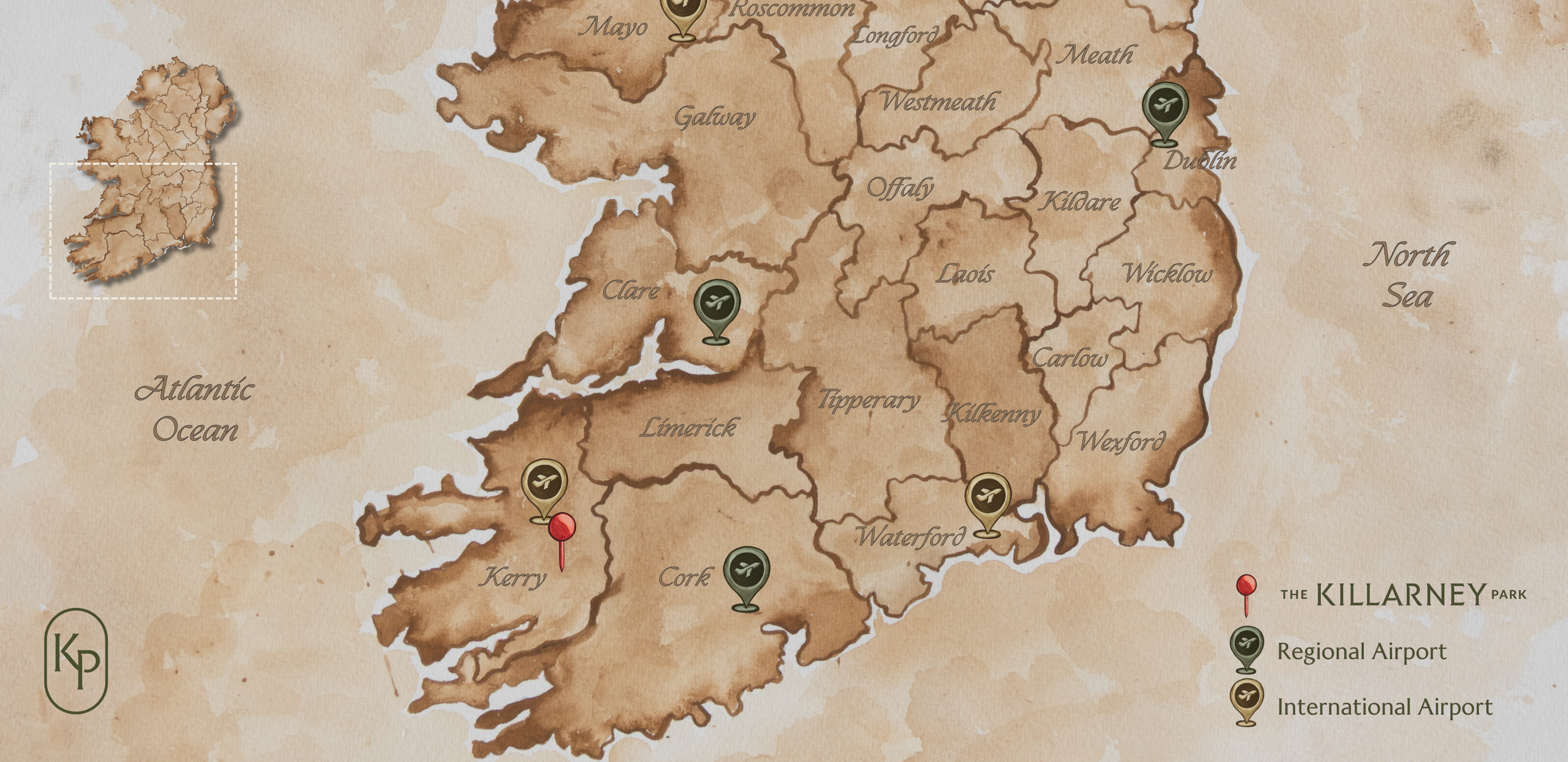 Ireland Map showing The Killarney Park Hotel's landmark and International & Domestic Airports.