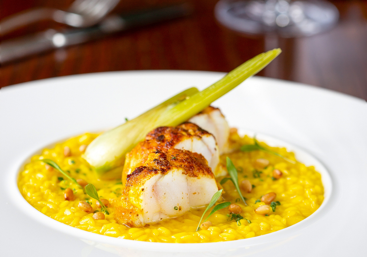 Monkfish served with orzo