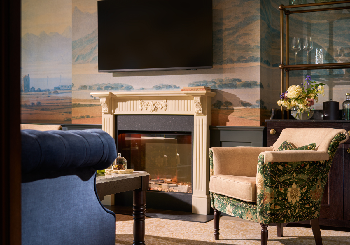 Sitting area by the fireplace.