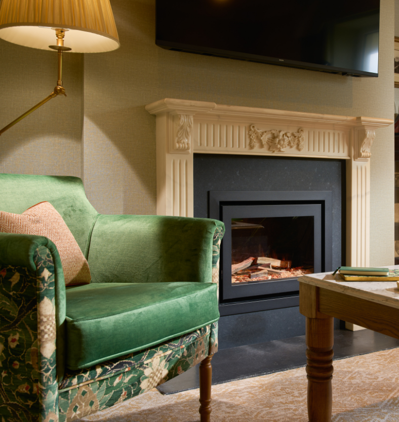 sitting area by the fireplace